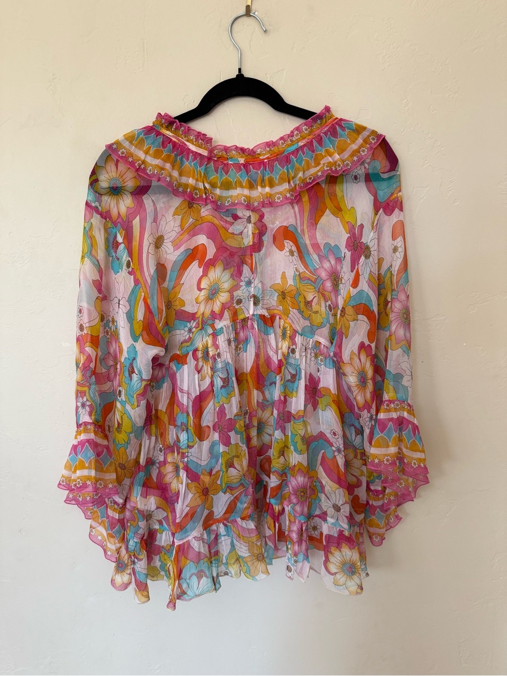 Silk Floral Boho Blouse Johnny Was Jade Gal Ruffle Tie Prismatic Dream XS - Picture 11 of 12